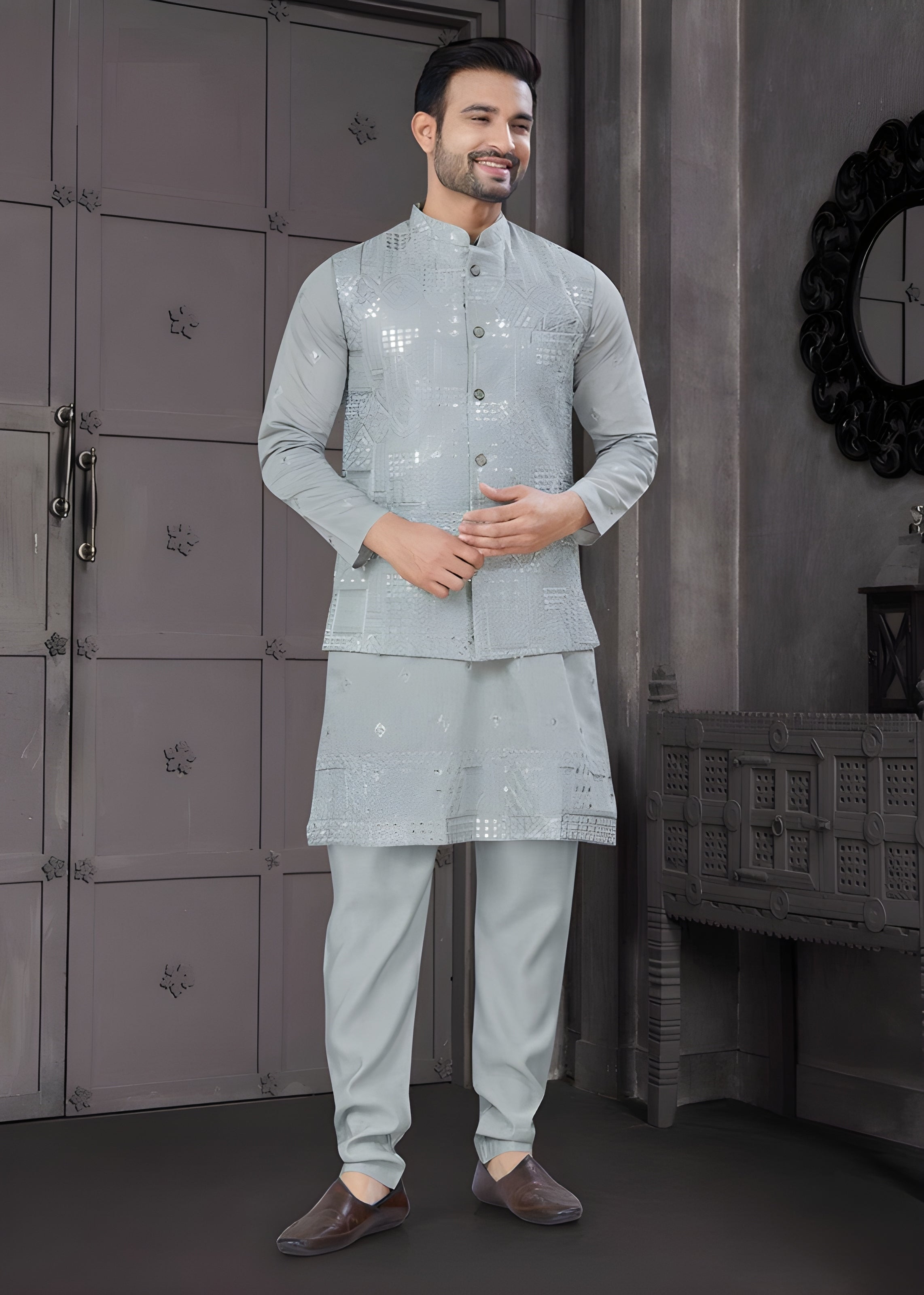 Men's Elite Three-Piece Viscose Kurta Set – Luxurious Full Embroidery Jacket & Sequence Work (Deep Sea Green)