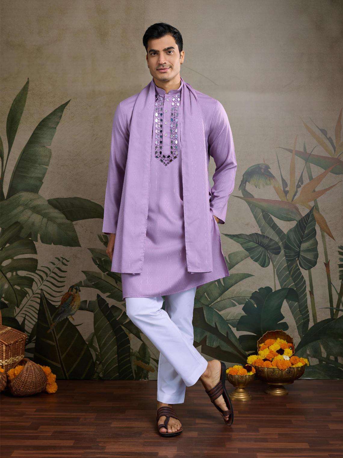 Men's Elegant Viscose Kurta Set with Dupatta – Perfect Wedding Outfit (Lavender)