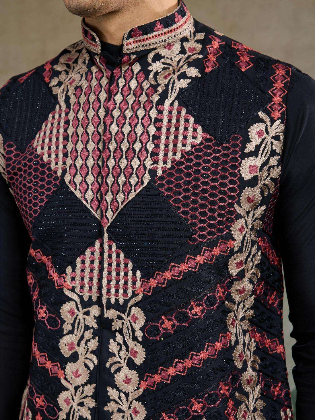 Men's Premium Embroidered Silk Cotton Kurta Set (Black)