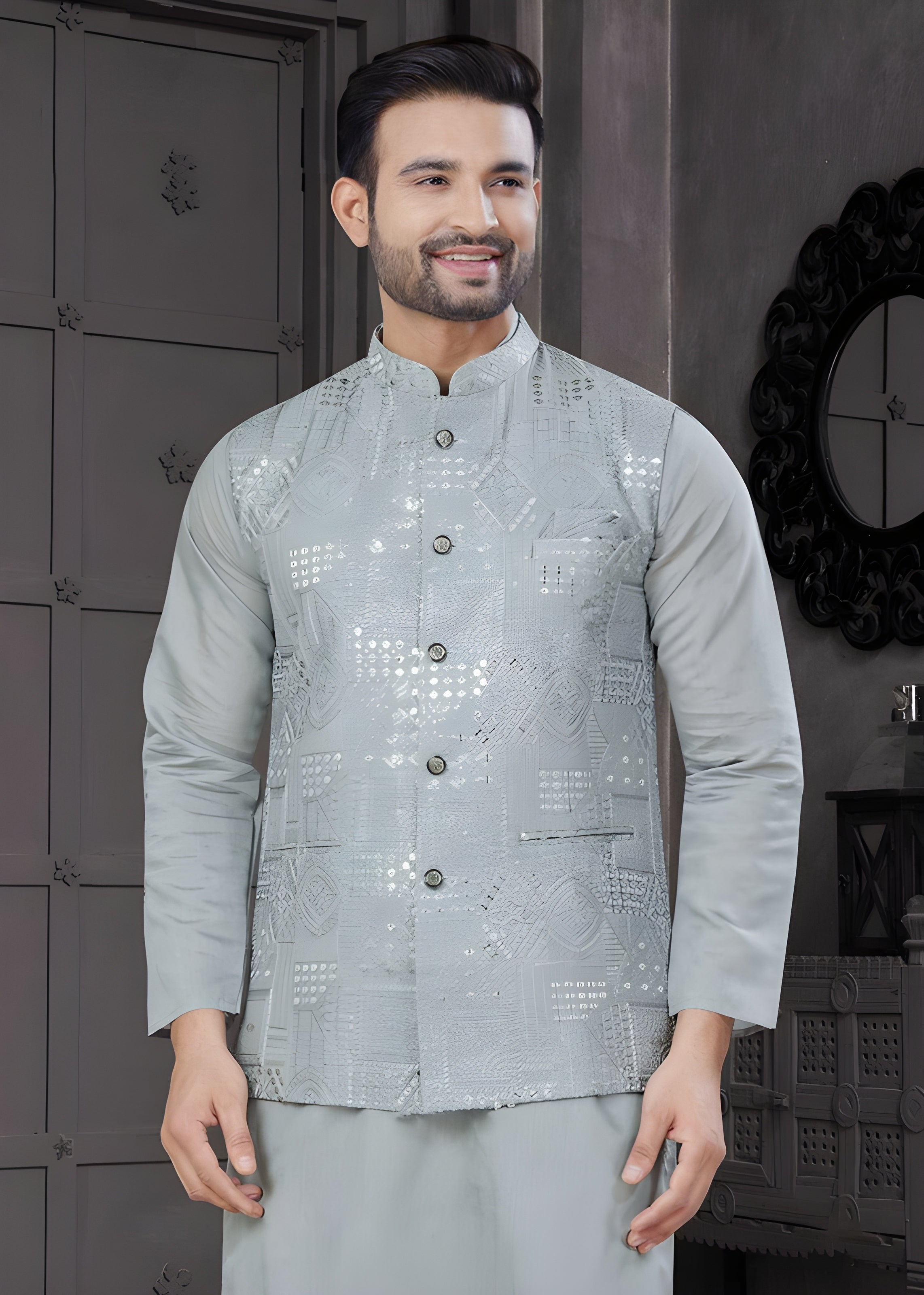 Men's Elite Three-Piece Viscose Kurta Set – Luxurious Full Embroidery Jacket & Sequence Work (Deep Sea Green)