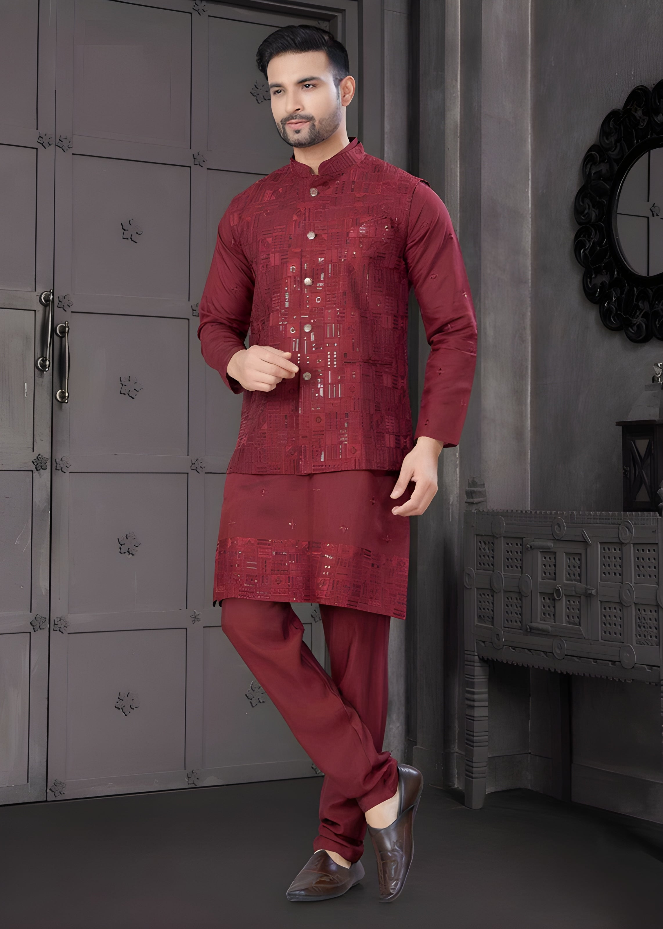 Men's Elite Three-Piece Viscose Kurta Set – Luxurious Full Embroidery Jacket & Sequence Work (Red)