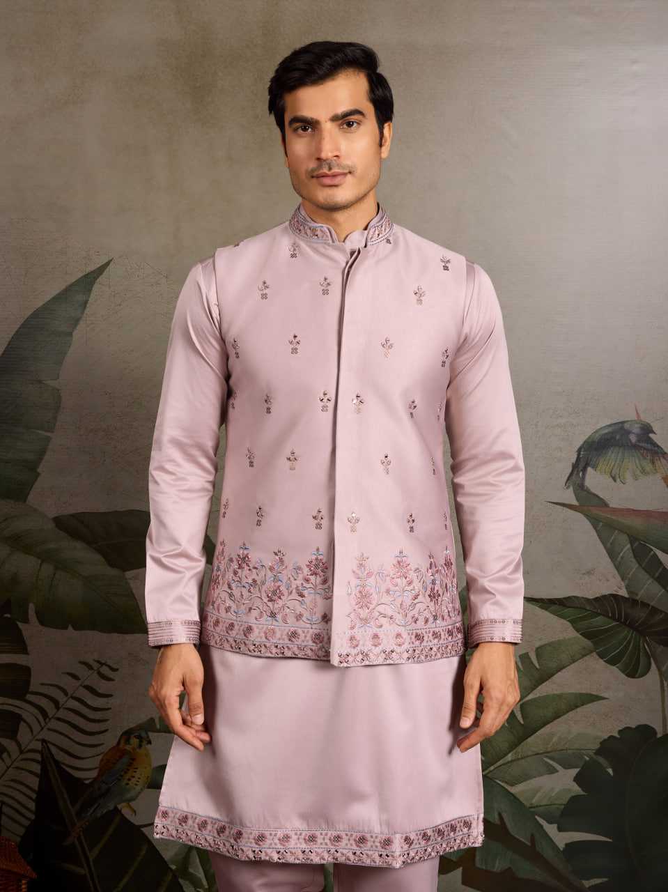 Men's Complete Silk Kurta Pyjama Set with Koti Jacket – Luxurious Embroidered Ensemble (Light Pink)