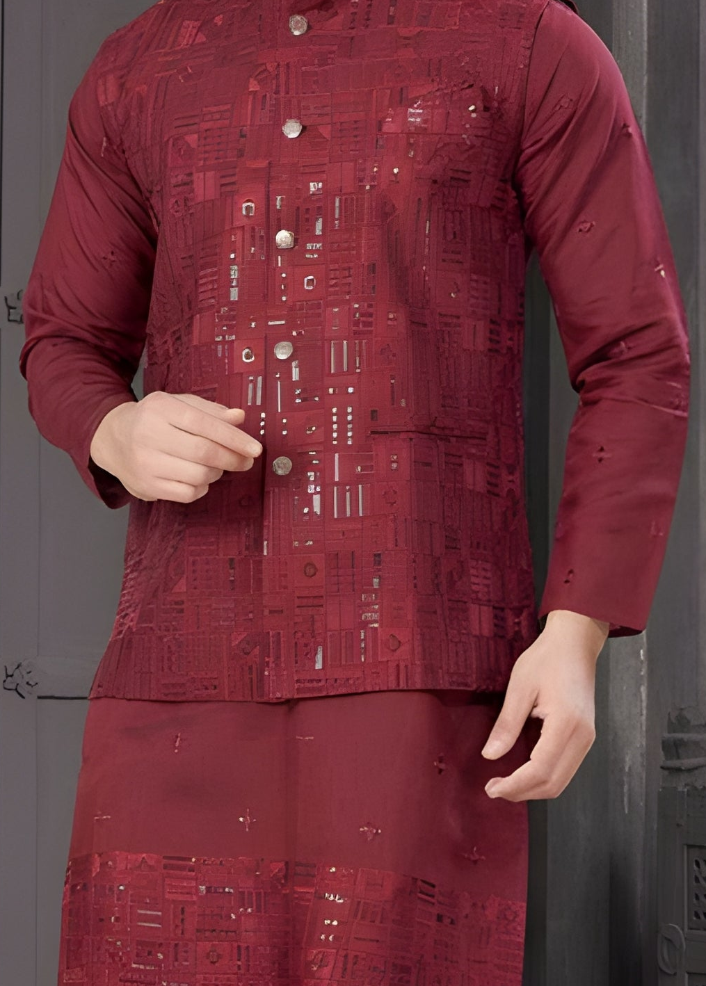 Men's Elite Three-Piece Viscose Kurta Set – Luxurious Full Embroidery Jacket & Sequence Work (Red)