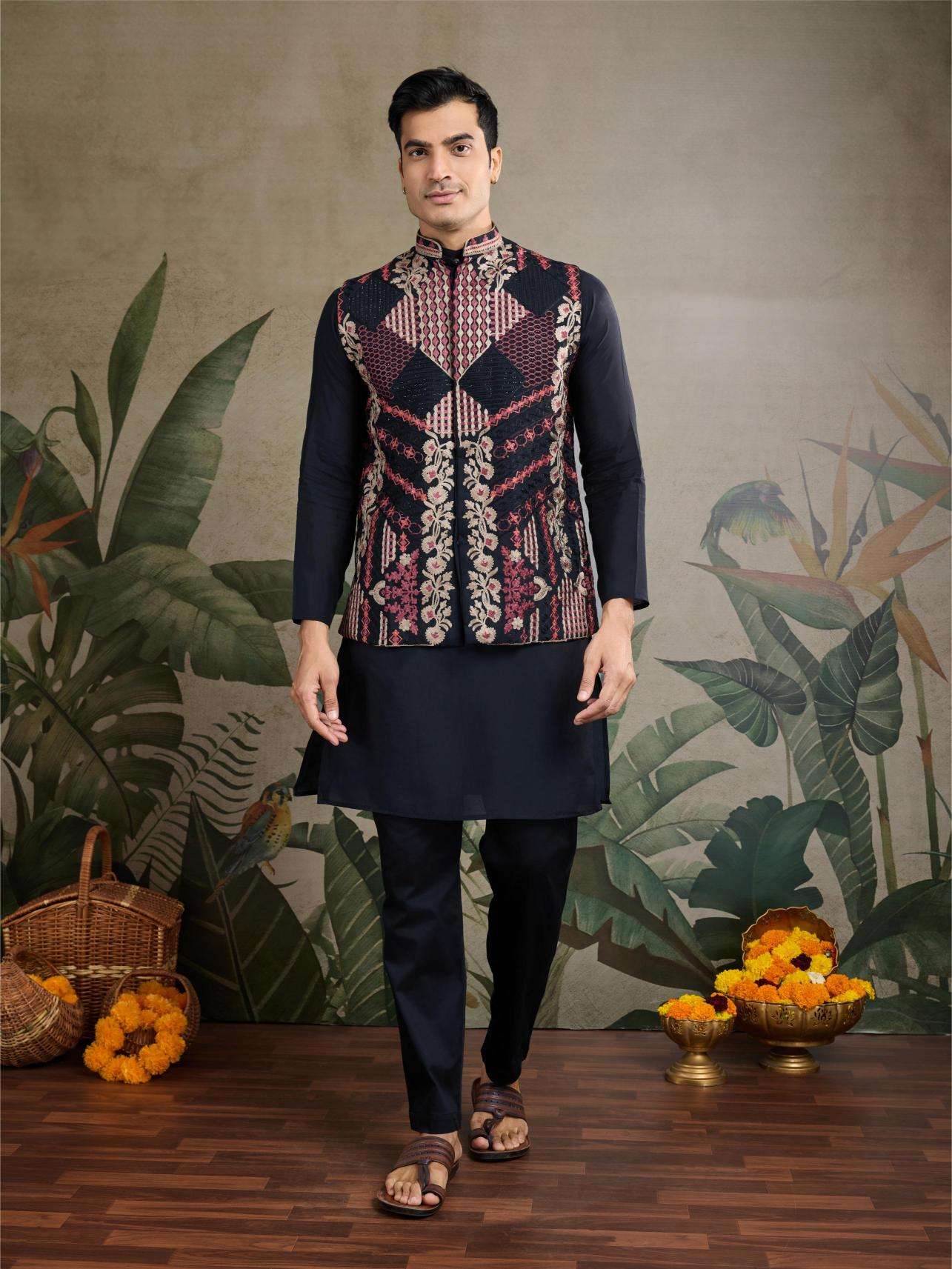 Men's Premium Embroidered Silk Cotton Kurta Set (Black)