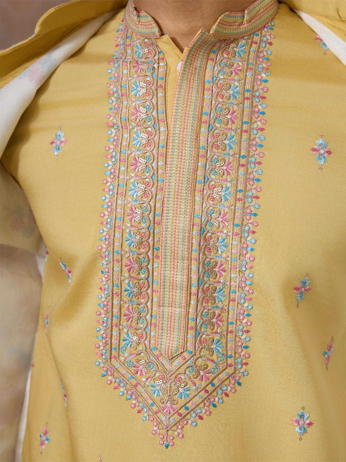 Men's Three-Piece Viscose Kurta Set with Designer Koti – Perfect for Grand Occasions