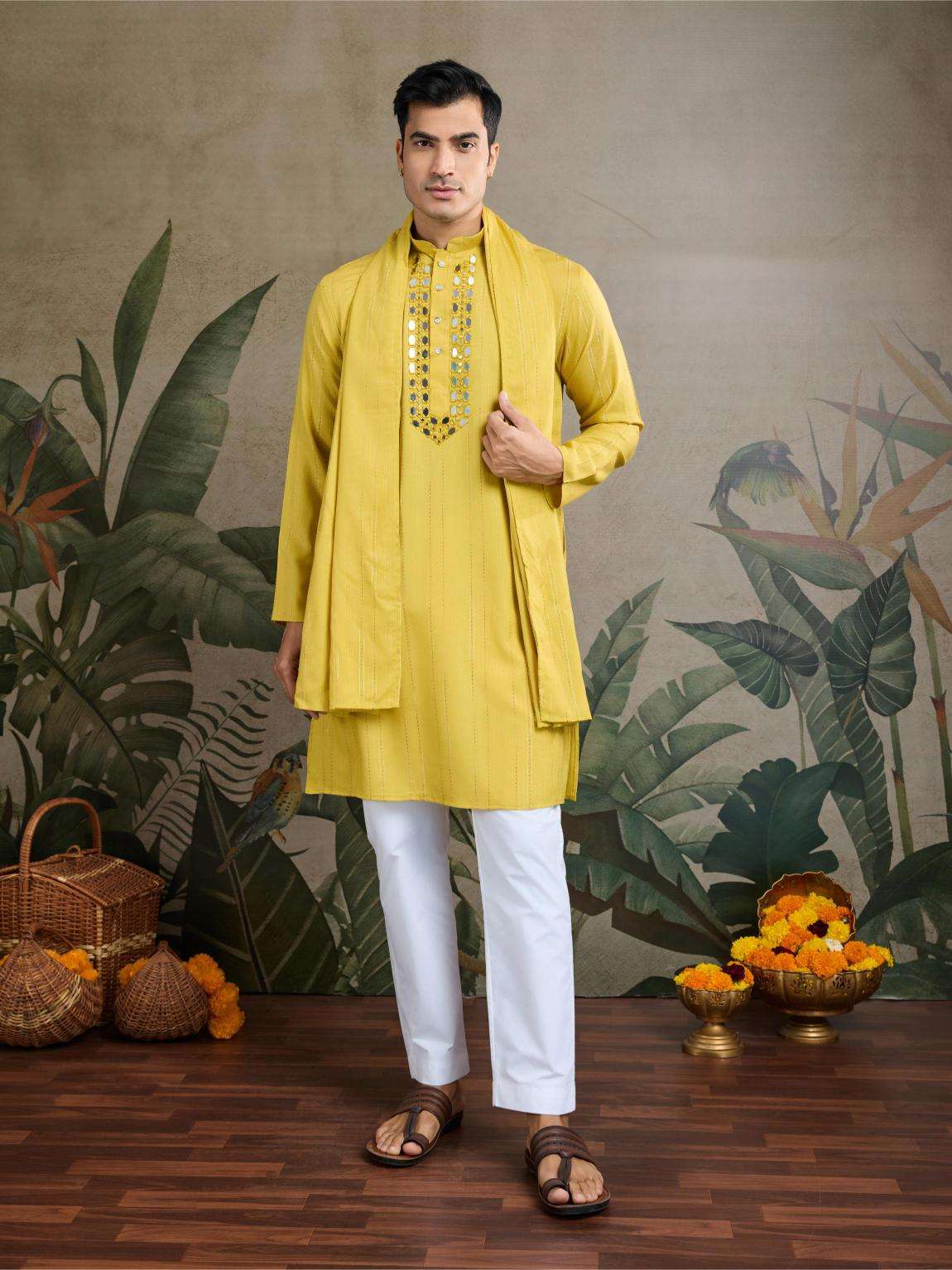Men's Elegant Viscose Kurta Set with Dupatta – Perfect Wedding Outfit (Yellow)