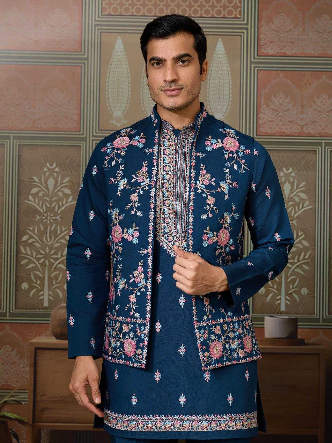Men's Three-Piece Viscose Kurta Set with Designer Koti – Perfect for Grand Occasions
