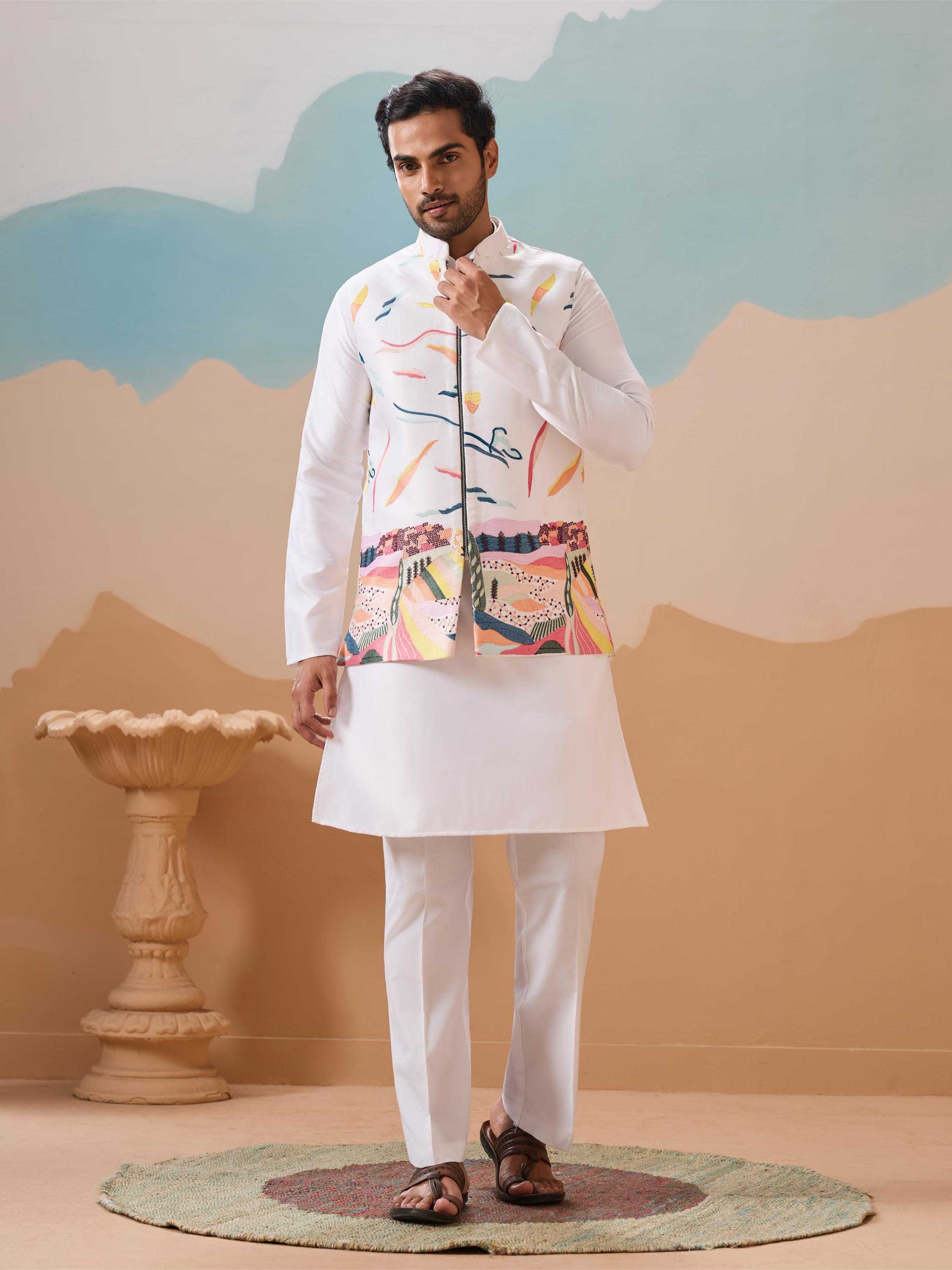 Men's Premium Silk Kurta Pyjama Set with Embroidered Koti
