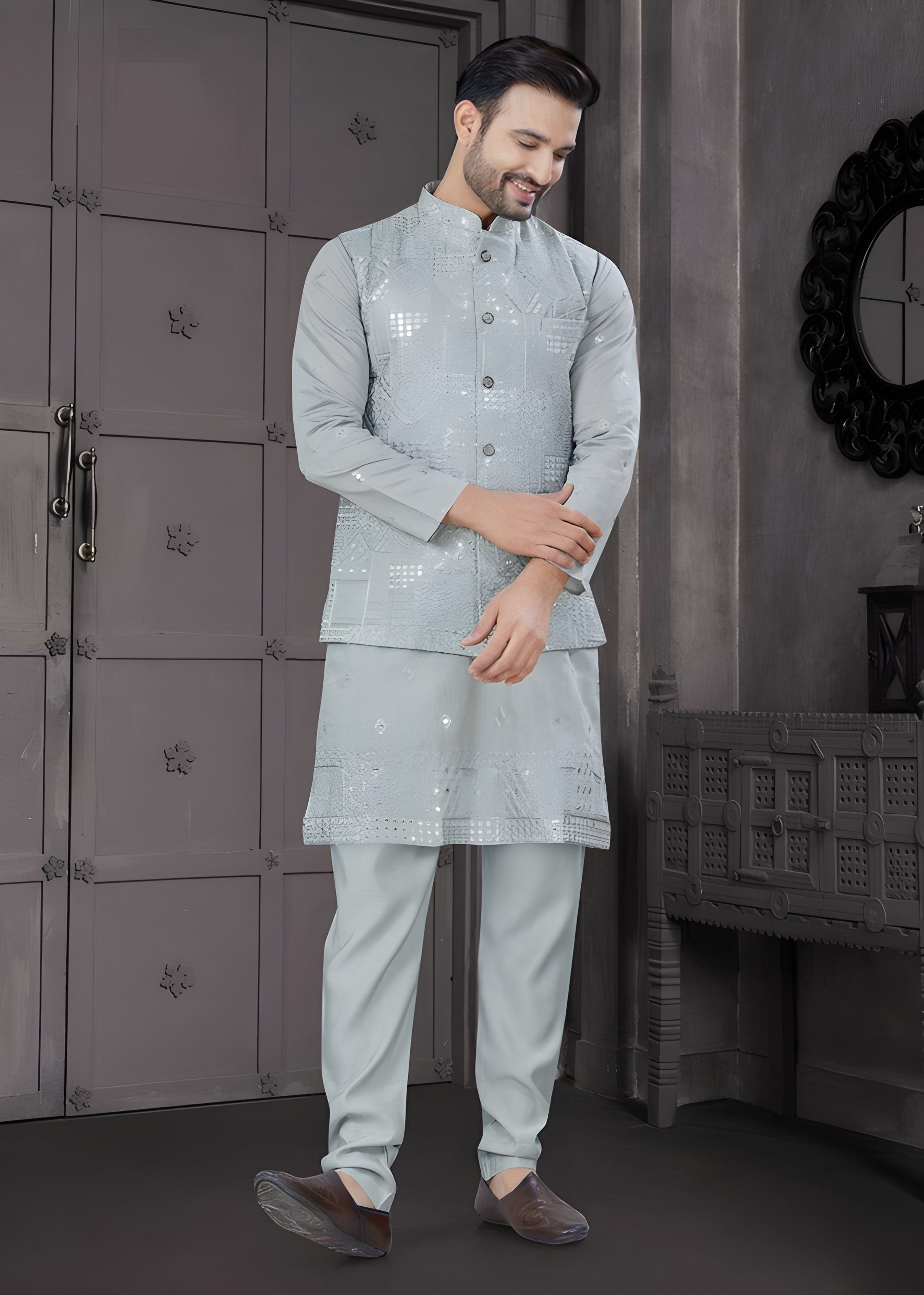 Men's Elite Three-Piece Viscose Kurta Set – Luxurious Full Embroidery Jacket & Sequence Work (Deep Sea Green)