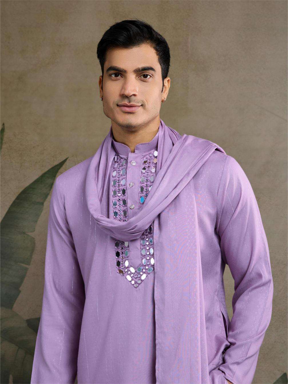 Men's Elegant Viscose Kurta Set with Dupatta – Perfect Wedding Outfit (Lavender)