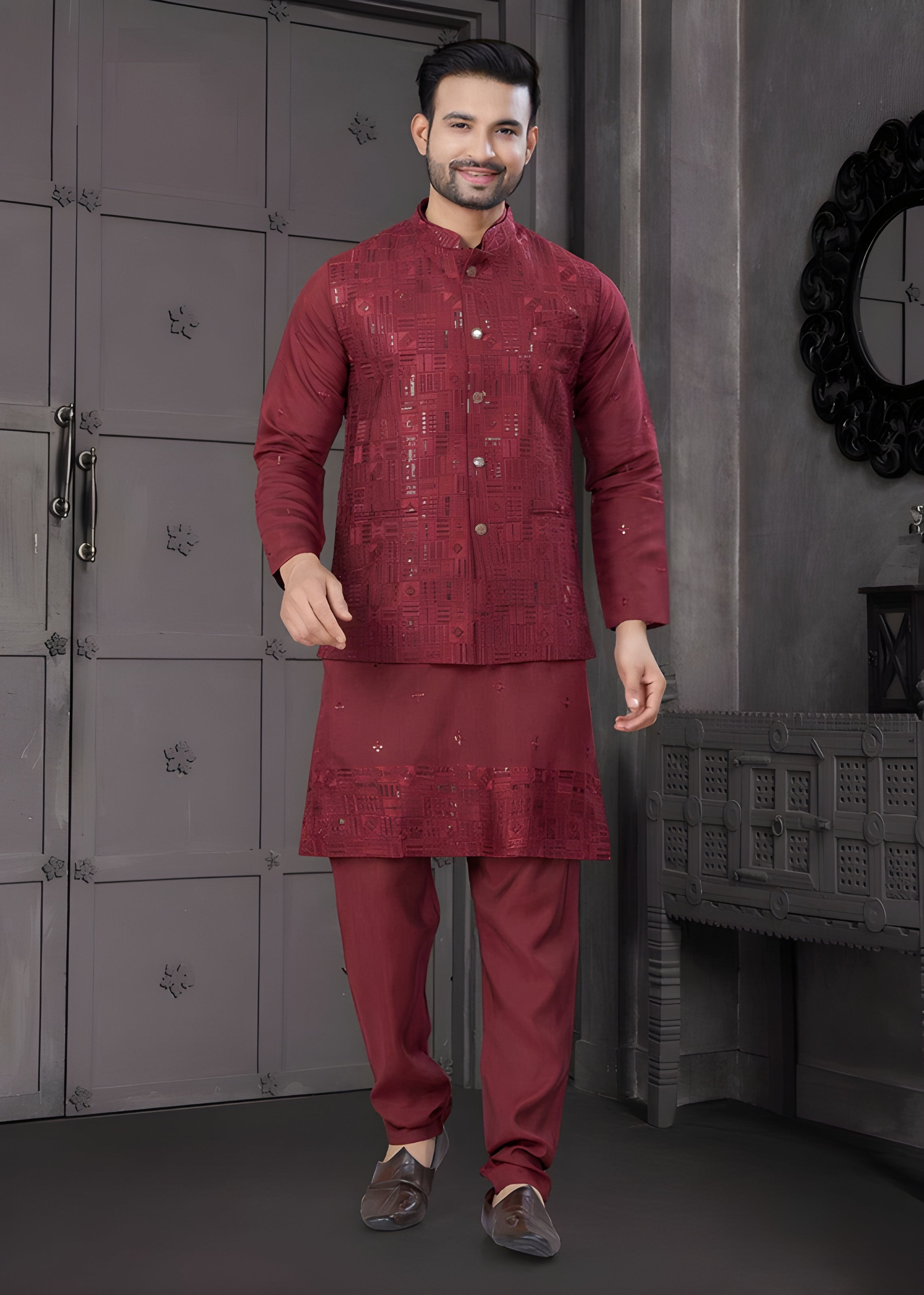 Men's Elite Three-Piece Viscose Kurta Set – Luxurious Full Embroidery Jacket & Sequence Work (Red)
