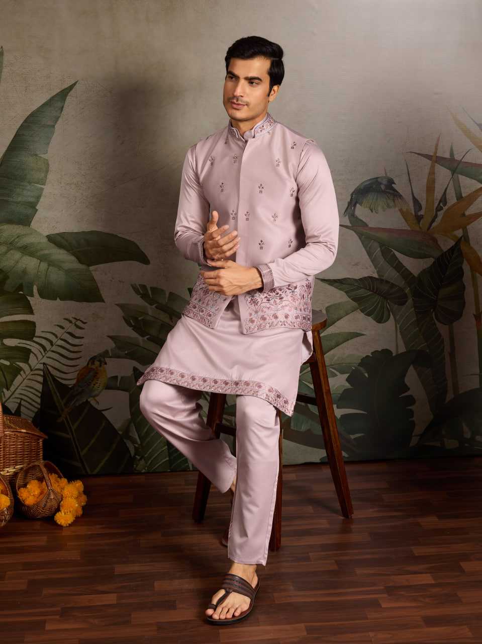 Men's Complete Silk Kurta Pyjama Set with Koti Jacket – Luxurious Embroidered Ensemble (Light Pink)