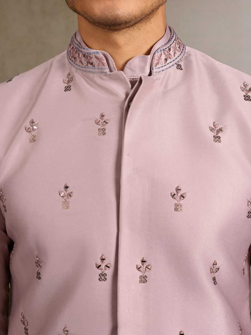 Men's Complete Silk Kurta Pyjama Set with Koti Jacket – Luxurious Embroidered Ensemble (Light Pink)