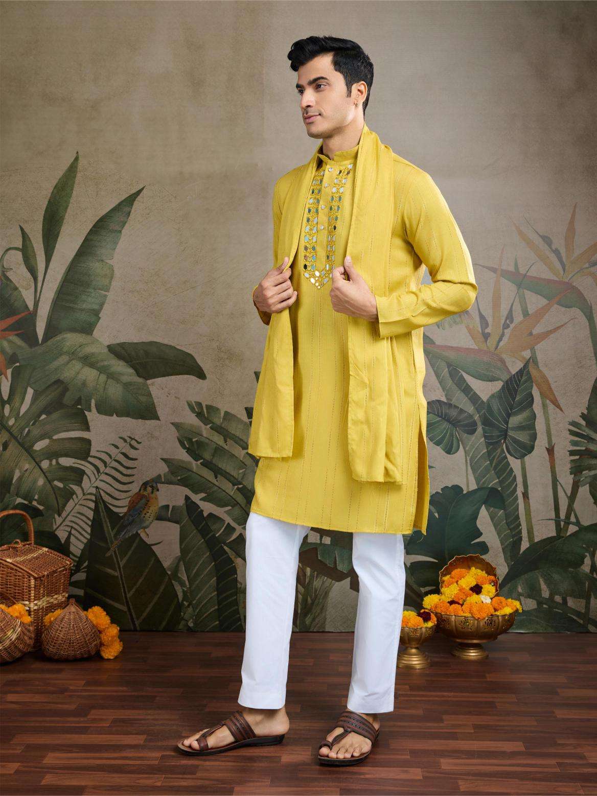 Men's Elegant Viscose Kurta Set with Dupatta – Perfect Wedding Outfit (Yellow)