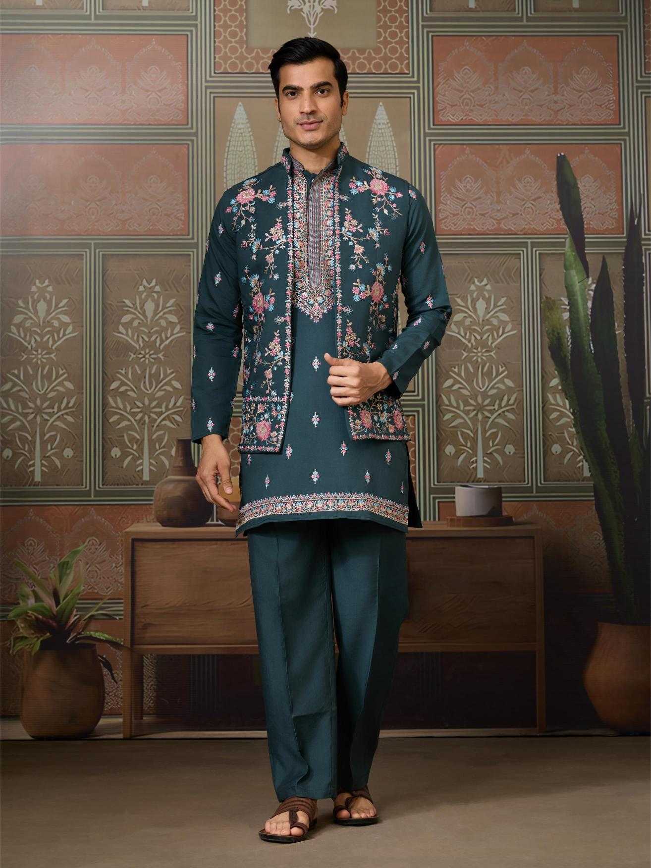 Men's Three-Piece Viscose Kurta Set with Designer Koti – Perfect for Grand Occasions