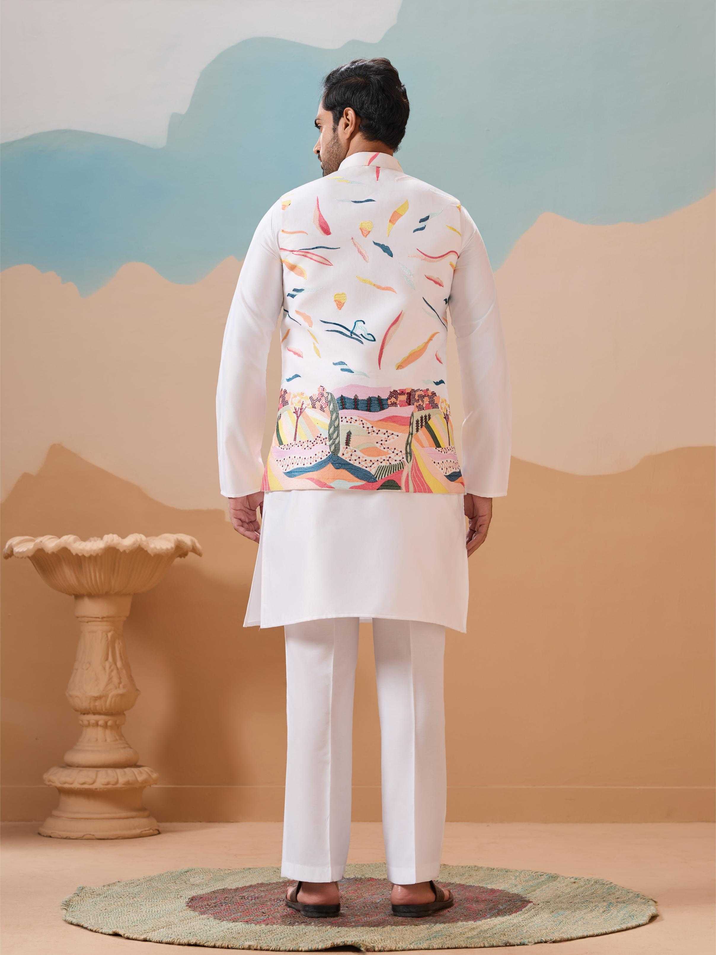 Men's Premium Silk Kurta Pyjama Set with Embroidered Koti