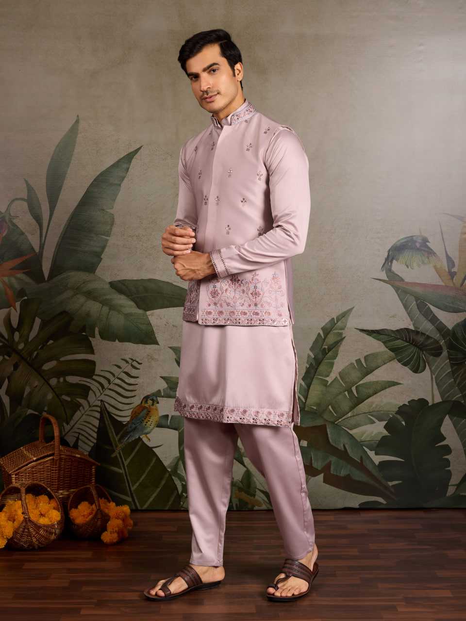 Men's Complete Silk Kurta Pyjama Set with Koti Jacket – Luxurious Embroidered Ensemble (Light Pink)