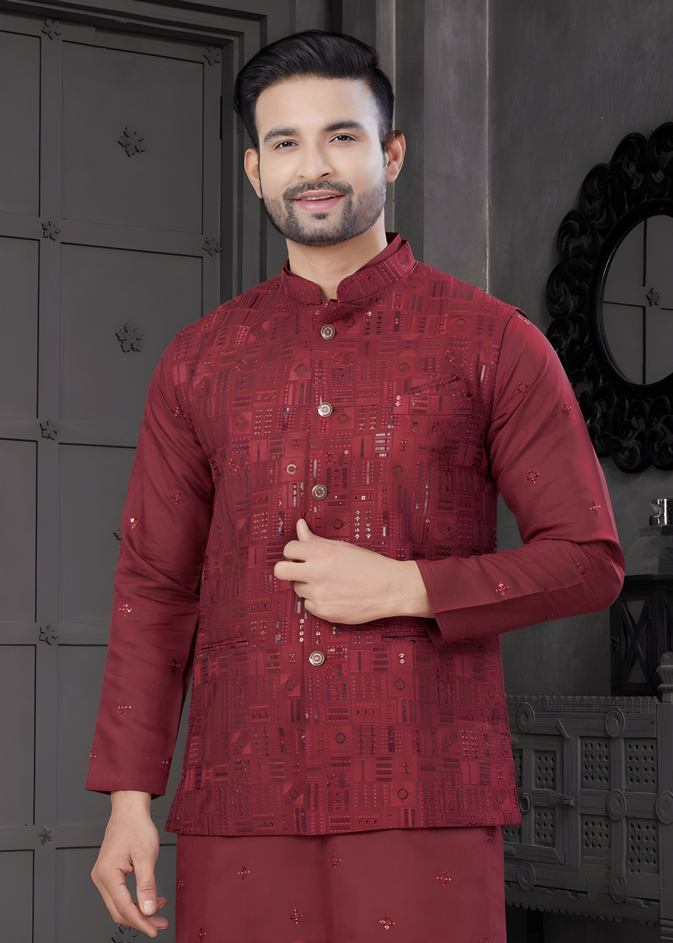 Men's Elite Three-Piece Viscose Kurta Set – Luxurious Full Embroidery Jacket & Sequence Work (Red)