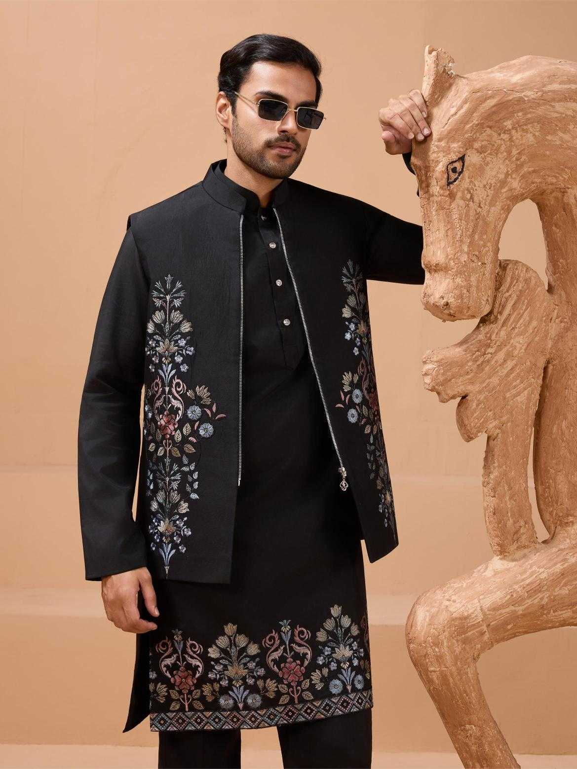Men's Premium Viscose Silk Kurta Pyjama Set with Embroidered Koti