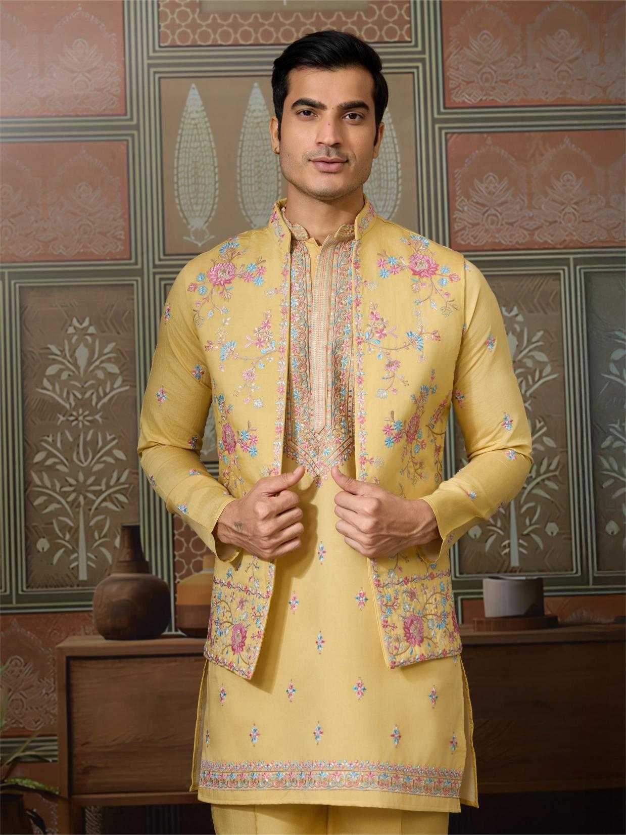 Men's Three-Piece Viscose Kurta Set with Designer Koti – Perfect for Grand Occasions