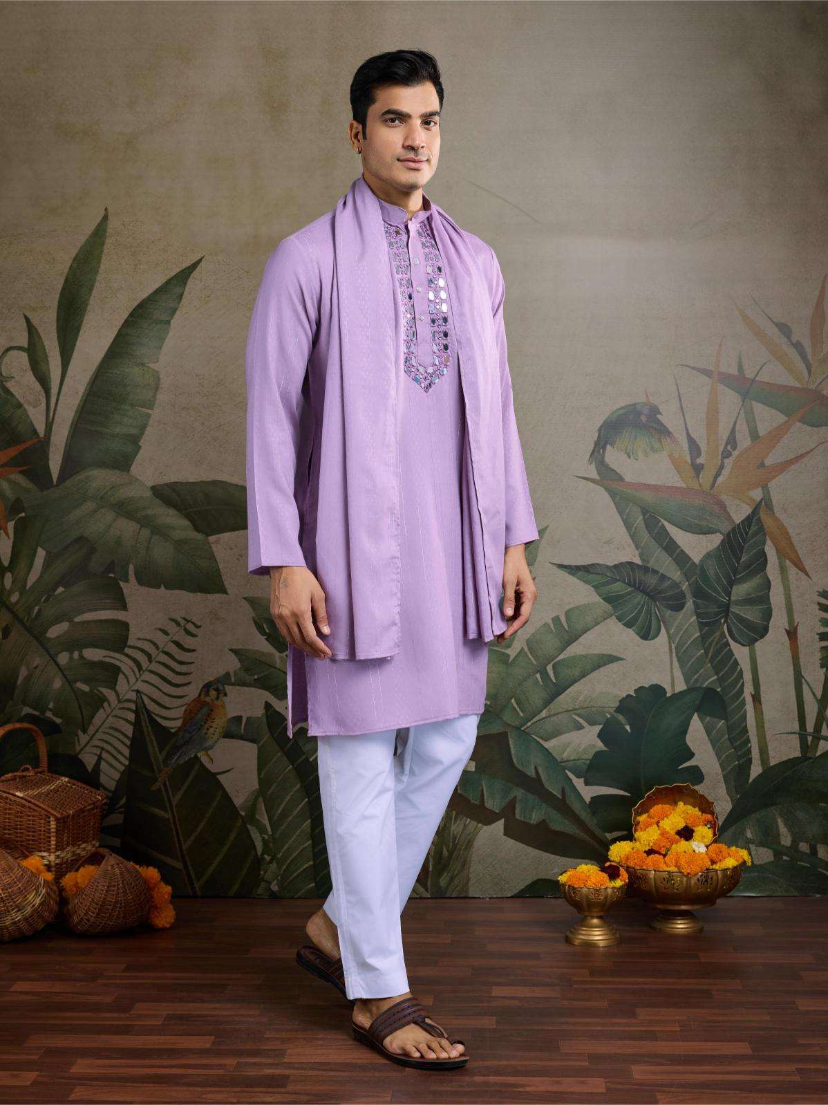 Men's Elegant Viscose Kurta Set with Dupatta – Perfect Wedding Outfit (Lavender)