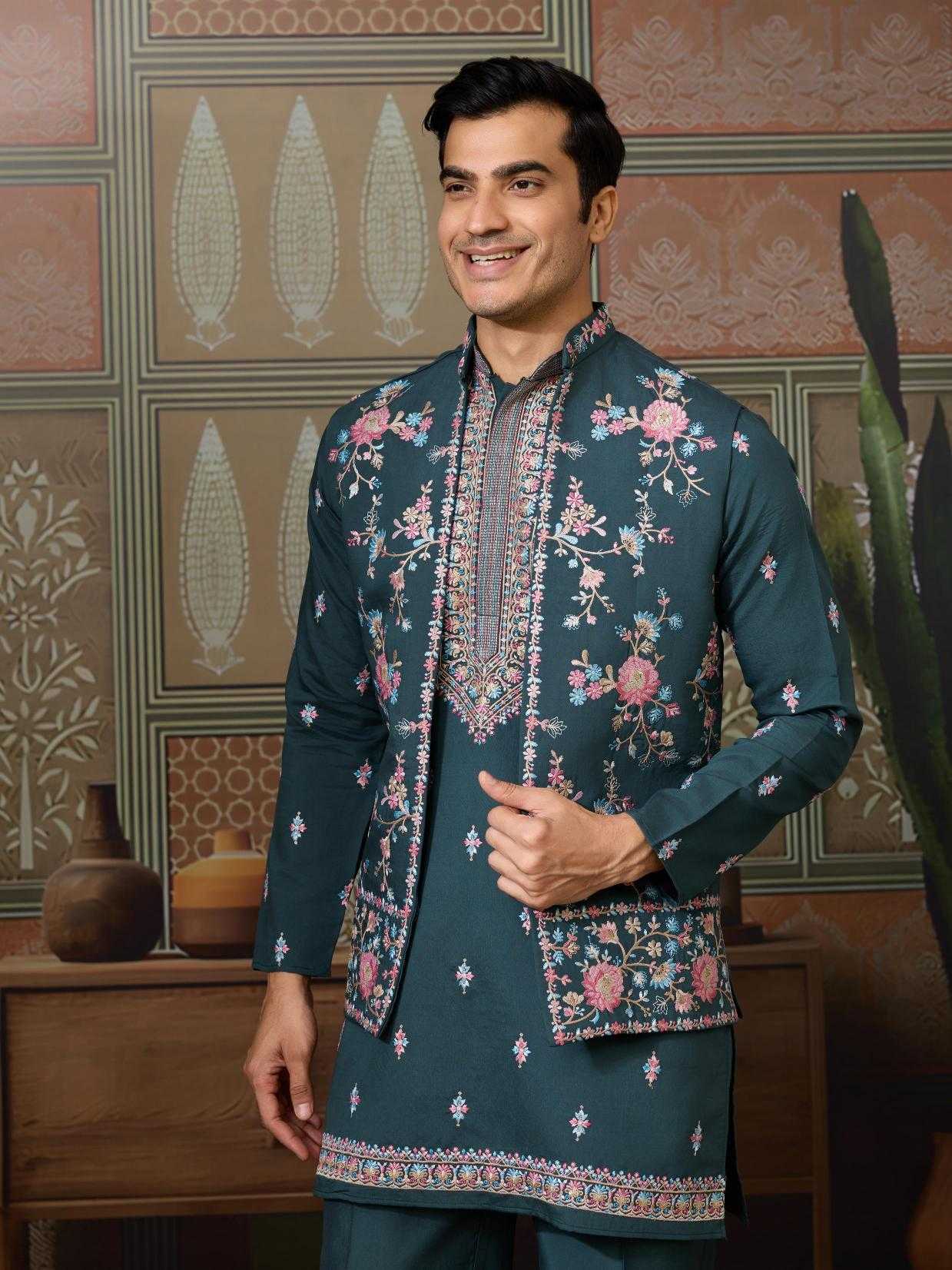 Men's Three-Piece Viscose Kurta Set with Designer Koti – Perfect for Grand Occasions