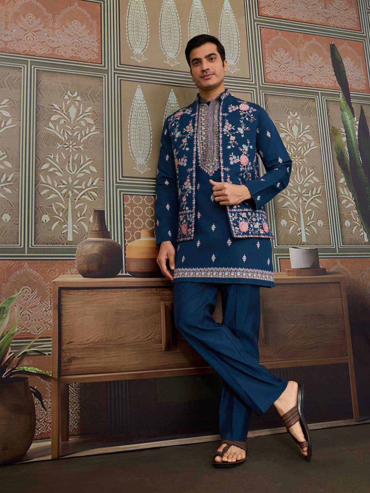 Men's Three-Piece Viscose Kurta Set with Designer Koti – Perfect for Grand Occasions