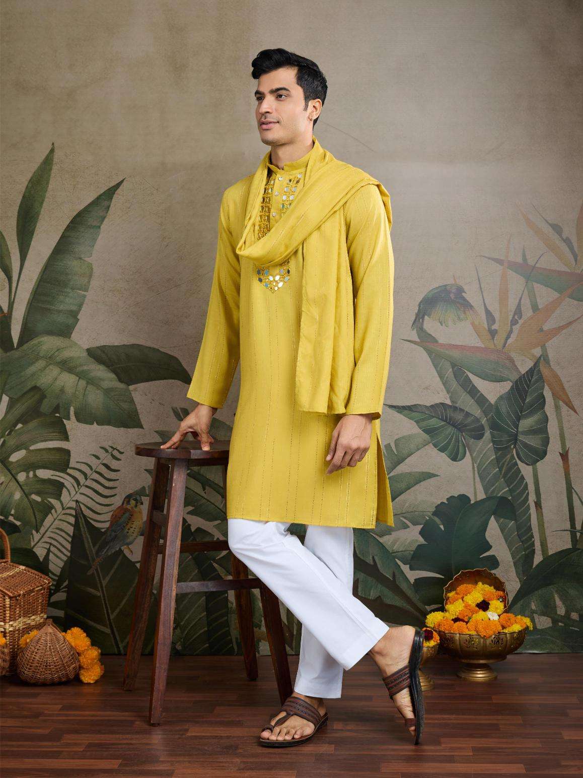 Men's Elegant Viscose Kurta Set with Dupatta – Perfect Wedding Outfit (Yellow)