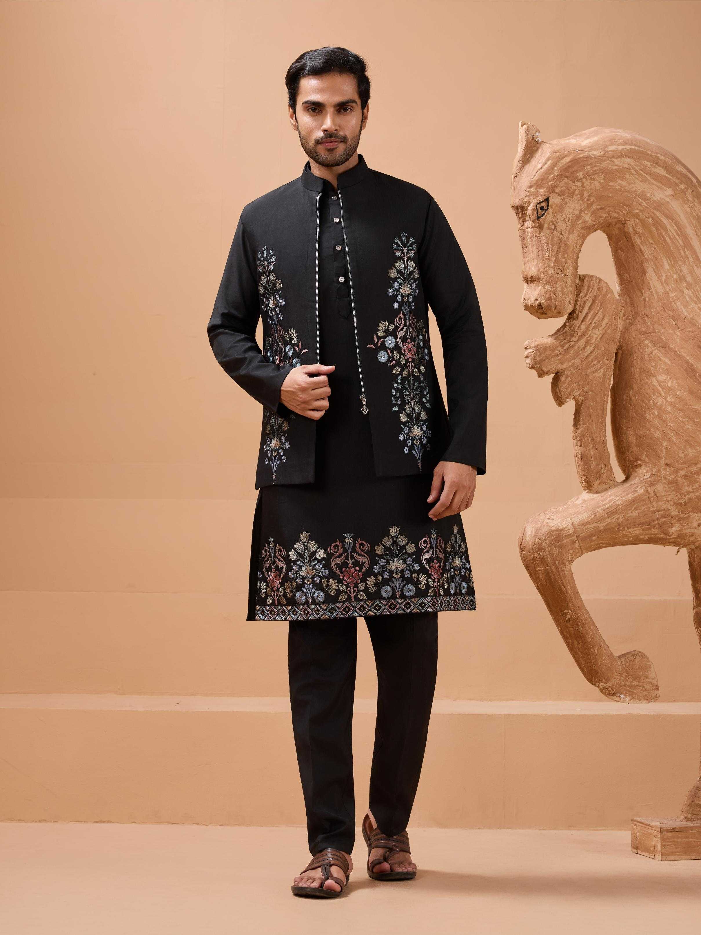 Men's Premium Viscose Silk Kurta Pyjama Set with Embroidered Koti