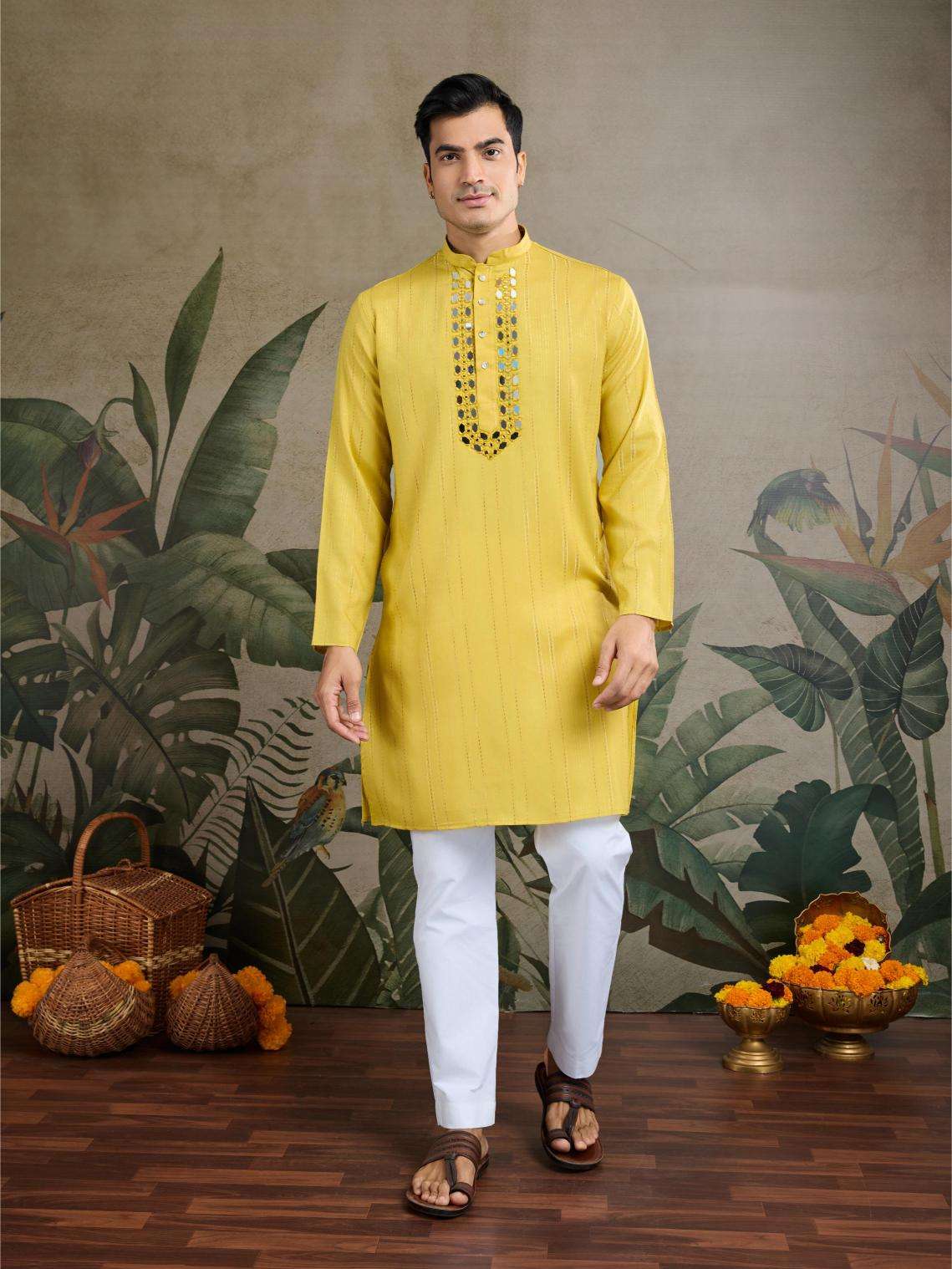 Men's Elegant Viscose Kurta Set with Dupatta – Perfect Wedding Outfit (Yellow)