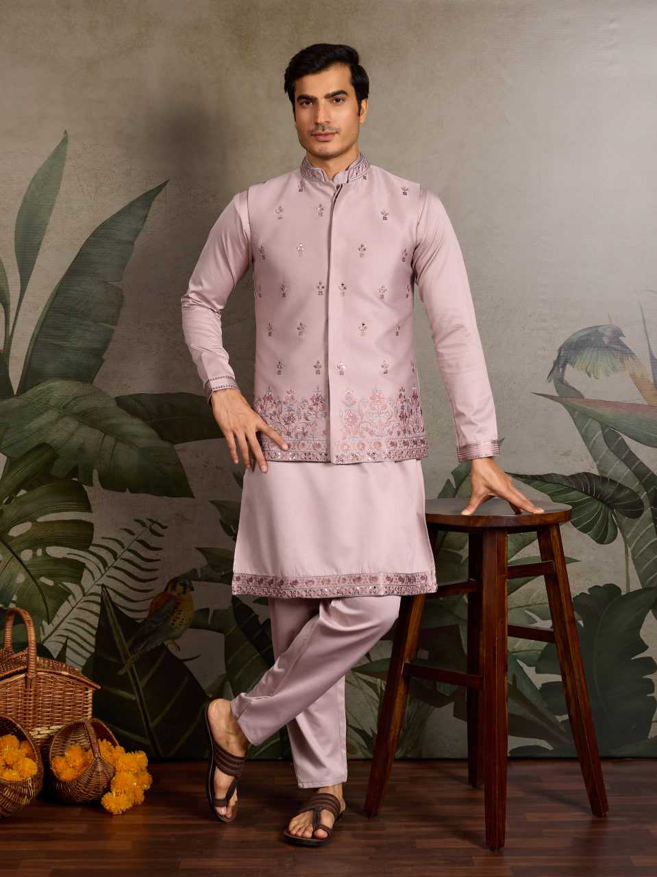 Men's Complete Silk Kurta Pyjama Set with Koti Jacket – Luxurious Embroidered Ensemble (Light Pink)