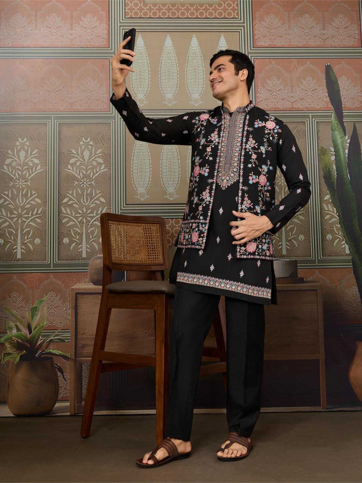Men's Three-Piece Viscose Kurta Set with Designer Koti – Perfect for Grand Occasions