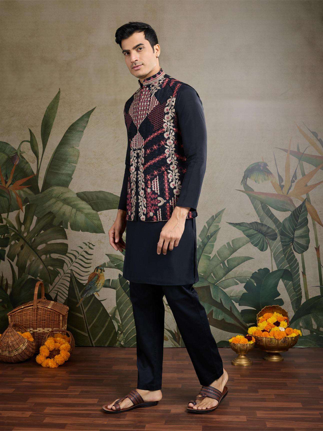 Men's Premium Embroidered Silk Cotton Kurta Set (Black)