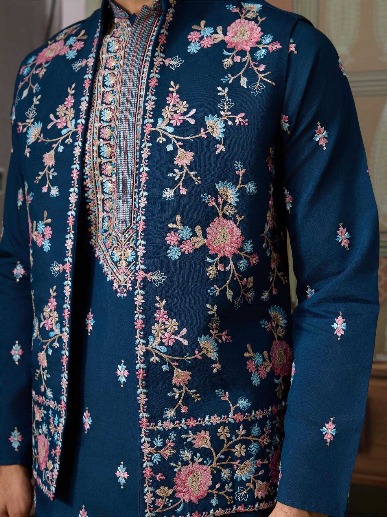 Men's Three-Piece Viscose Kurta Set with Designer Koti – Perfect for Grand Occasions