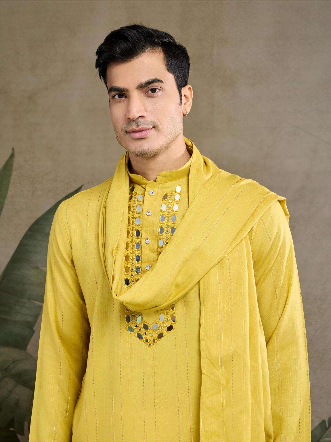 Men's Elegant Viscose Kurta Set with Dupatta – Perfect Wedding Outfit (Yellow)
