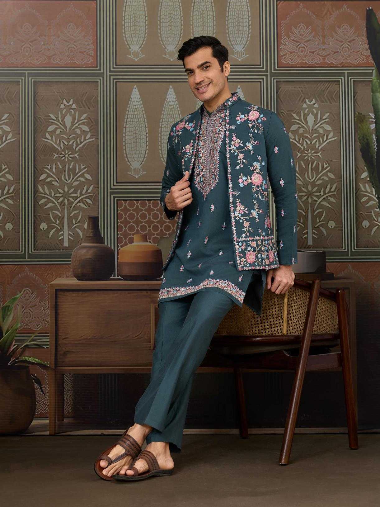 Men's Three-Piece Viscose Kurta Set with Designer Koti – Perfect for Grand Occasions