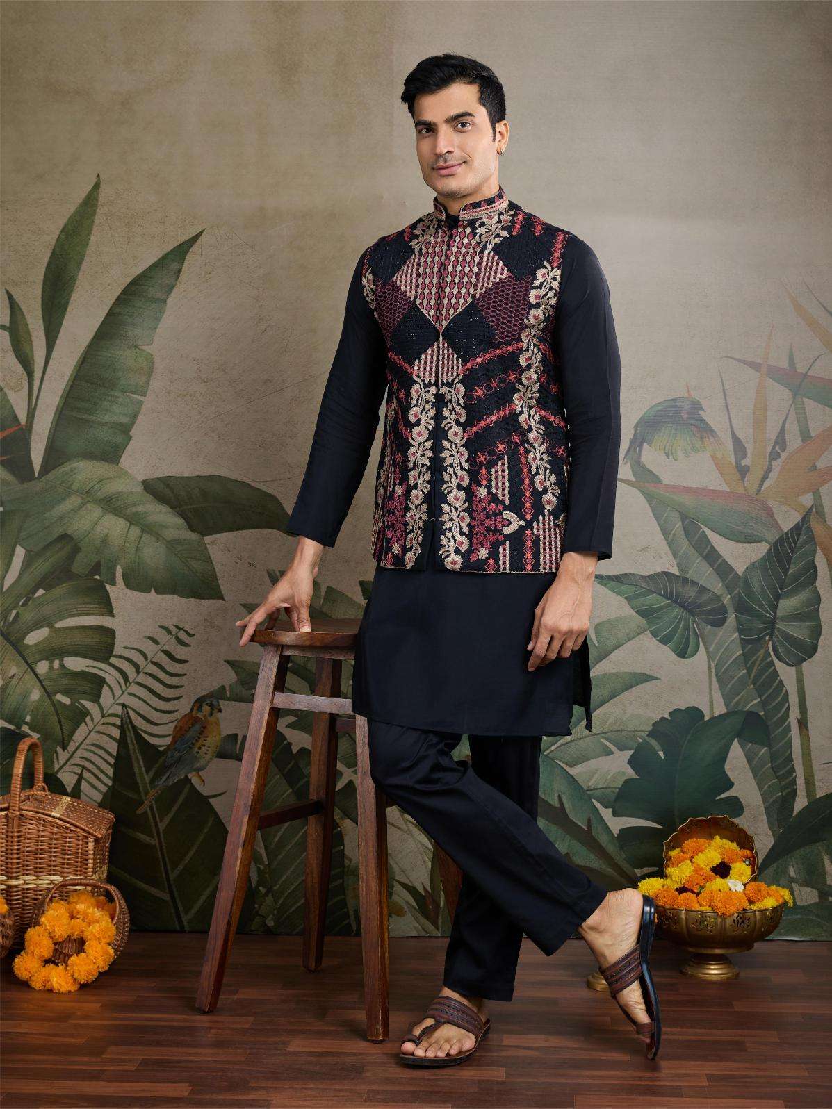 Men's Premium Embroidered Silk Cotton Kurta Set (Black)